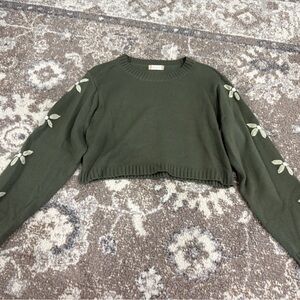 Altar'd State Green Crop Sweater with Leaf Details